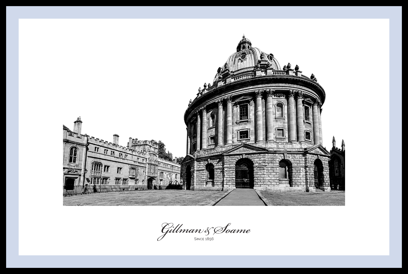 The Radcliffe Camera in Oxford in black and white, beneath the Gillman & Soame wordmark